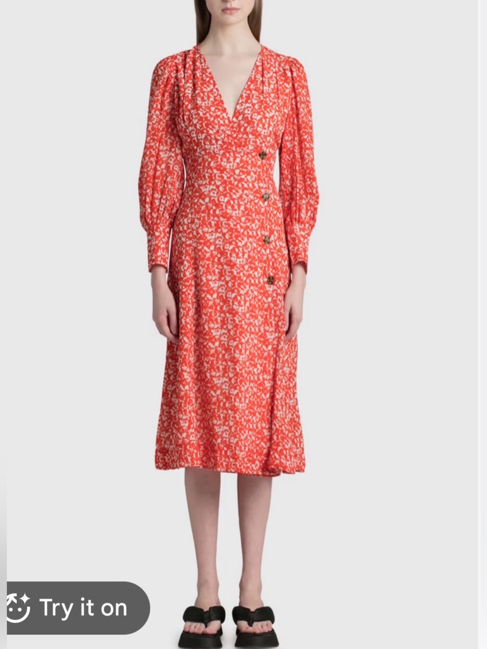 Ganni Women's Crepe Button-Wrap Orange Floral Midi Dress - Size 36/Small